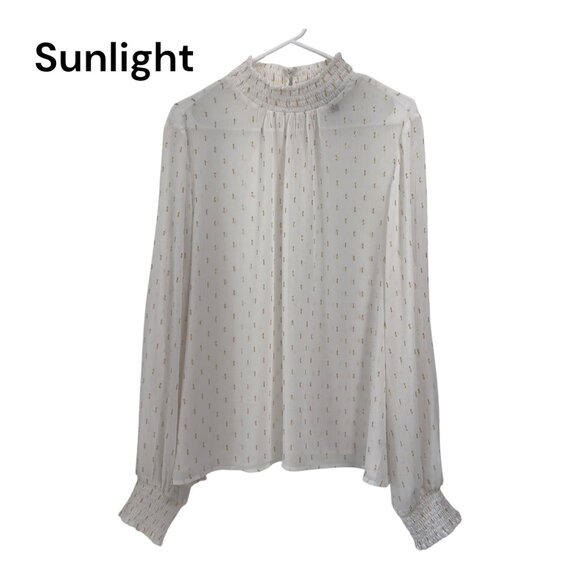 Express White & Gold Swiss Dot Blouse Shirred Mock Neck & Elastic Cuffs SZ XL - Picture 1 of 13